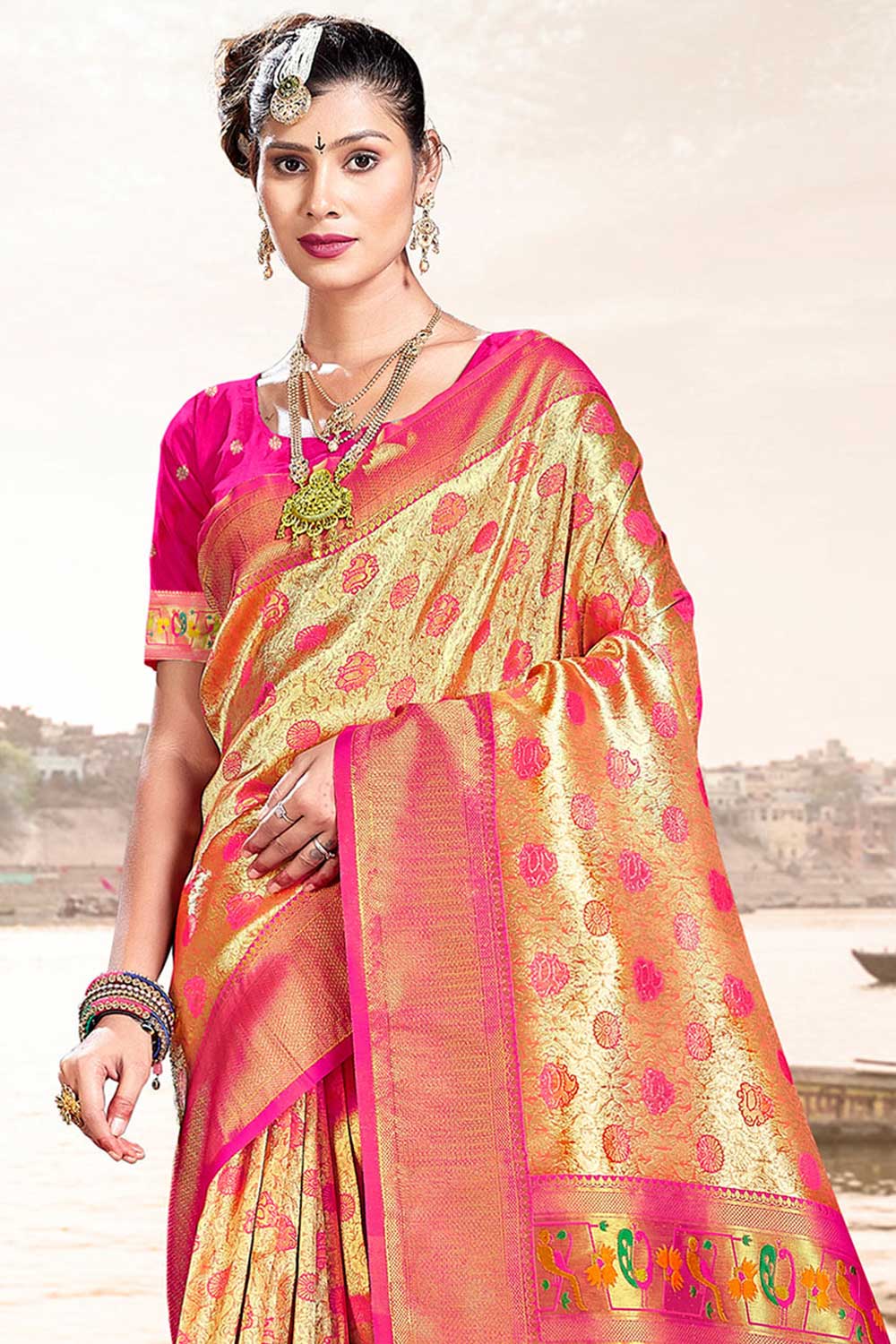 Gina Gold and Pink Paithani Art Silk One Minute Saree