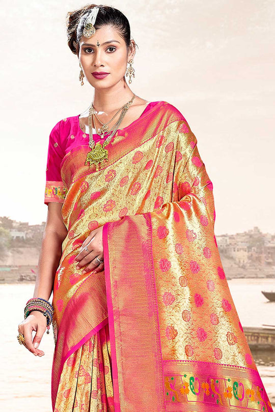 Gina Gold and Pink Paithani Art Silk One Minute Saree