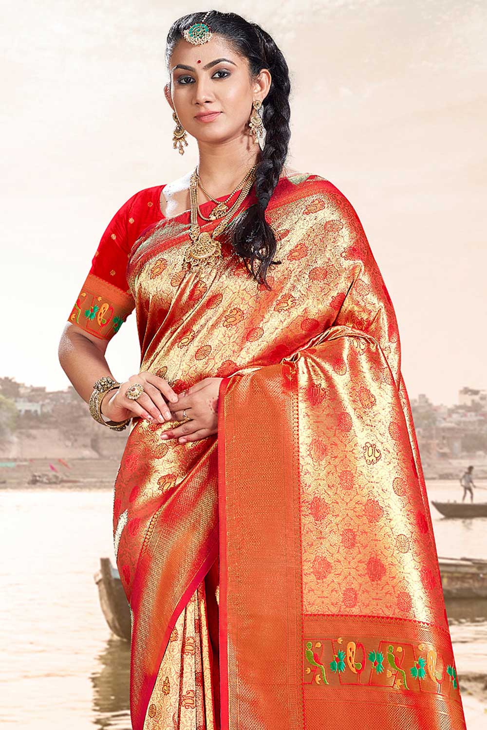 Eshana Red Paithani Art Silk One Minute Saree