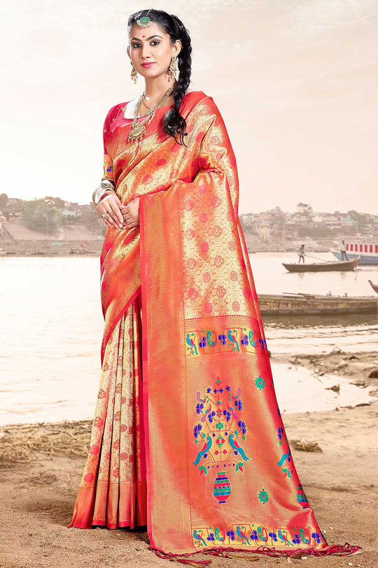 Puri Gold and Pink Paithani Art Silk One Minute Saree