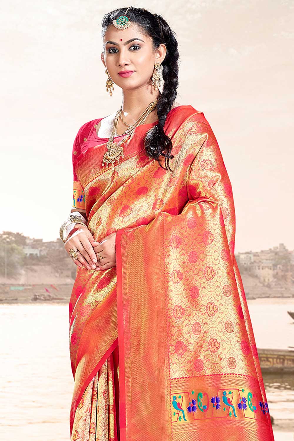 Puri Gold and Pink Paithani Art Silk One Minute Saree