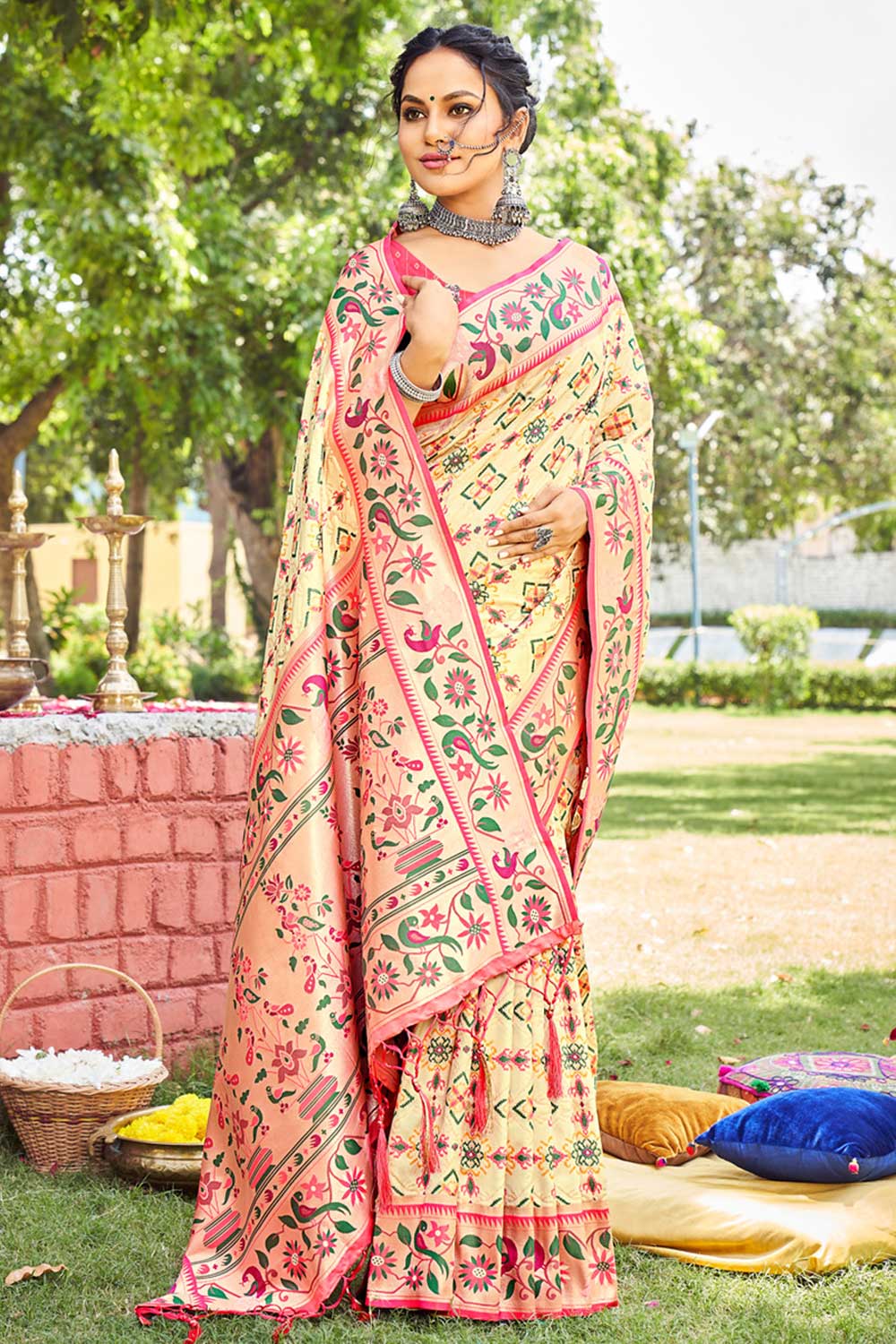 Nisha Cream Paithani Patola Art Silk One Minute Saree