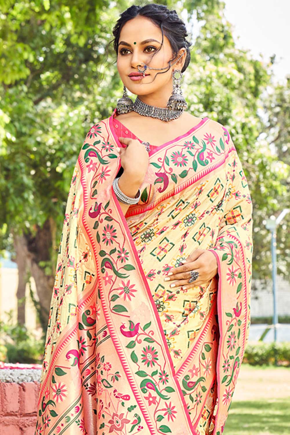 Nisha Cream Paithani Patola Art Silk One Minute Saree