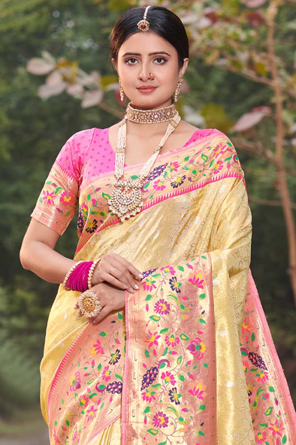 Inaya Cream Paithani Art Silk One Minute Saree