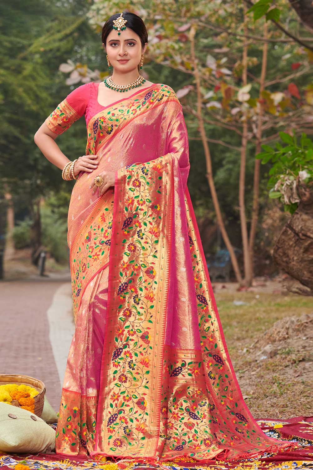 Manasi Pink Paithani Art Silk One Minute Saree – Ready to Wear
