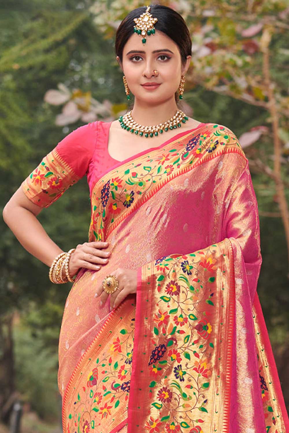 Manasi Pink Paithani Art Silk One Minute Saree – Ready to Wear