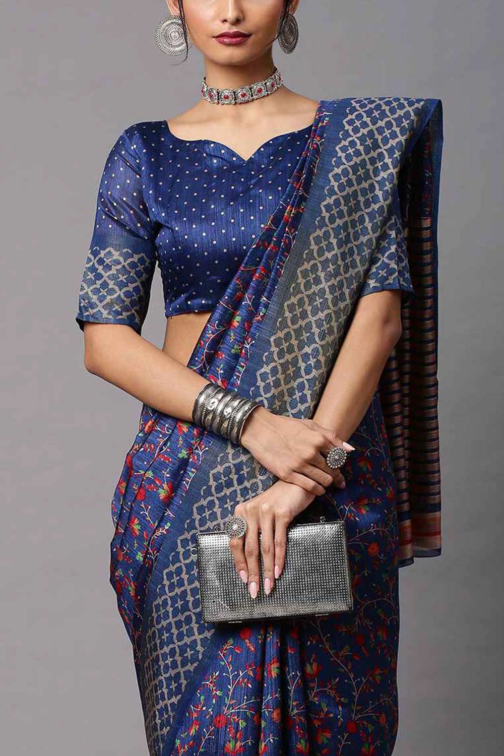 Navy Blue Linen Blend Botanical Printed Banarasi One Minute Saree