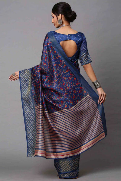 Navy Blue Linen Blend Botanical Printed Banarasi One Minute Saree