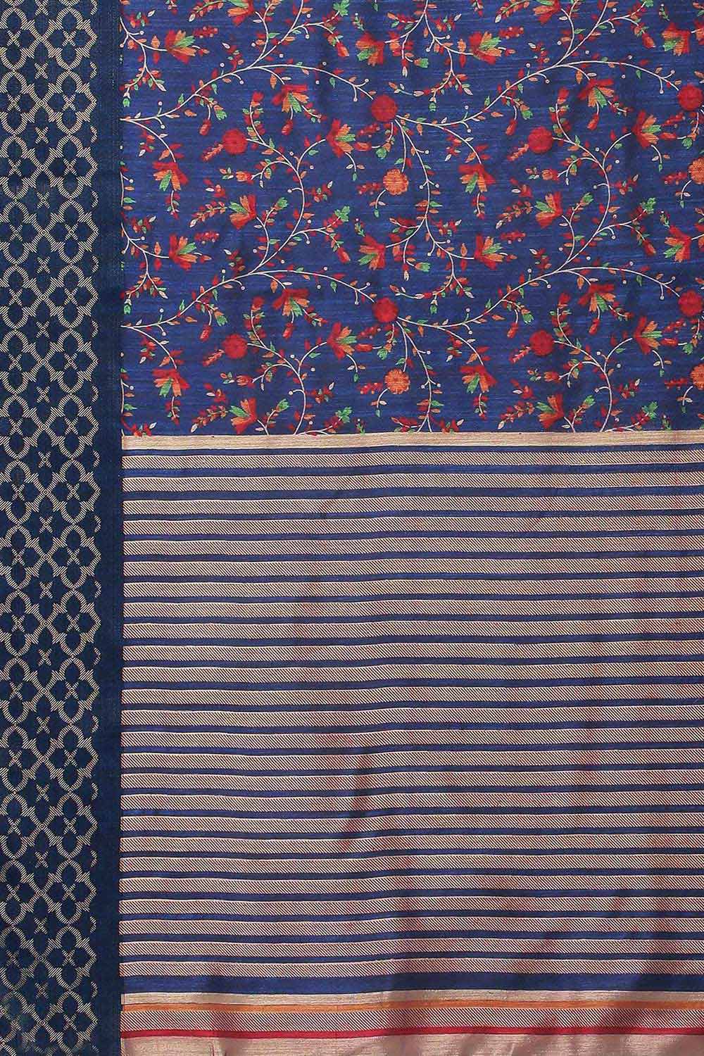 Navy Blue Linen Blend Botanical Printed Banarasi One Minute Saree