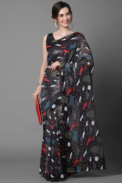 Buy Black Abstract Print and Sequins Georgette One Minute Saree