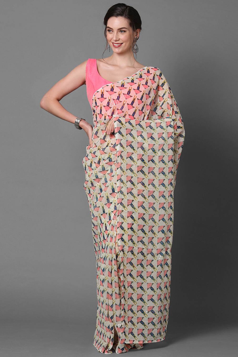 Buy Cream Abstract Print and Sequins Georgette One Minute Saree