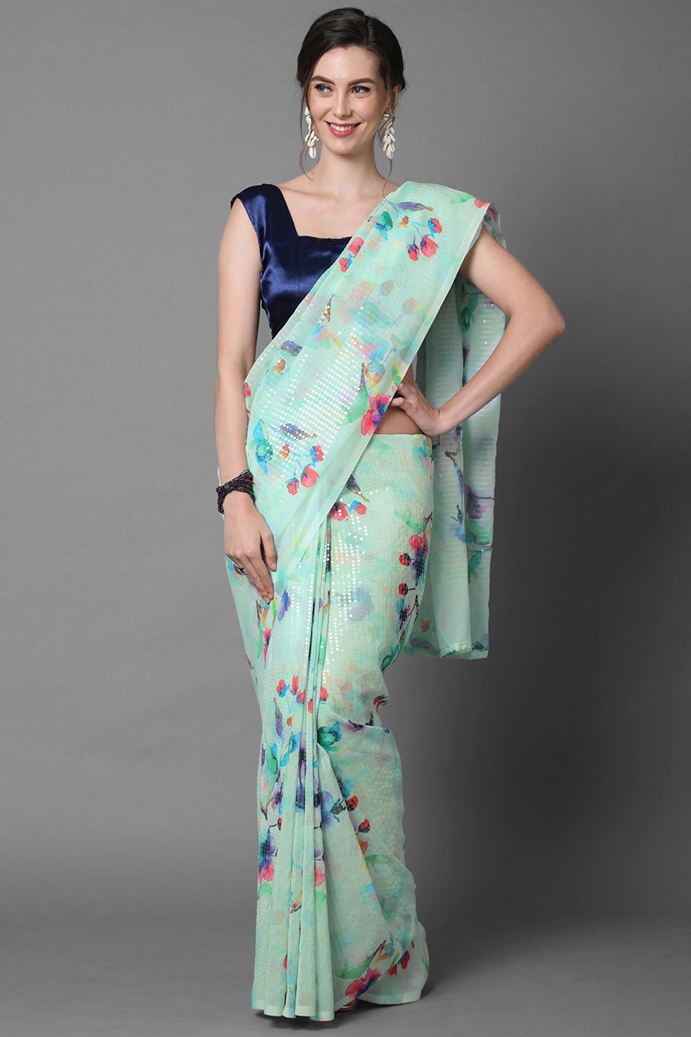 Buy Sea Green Floral Print and Sequins Georgette One Minute Saree