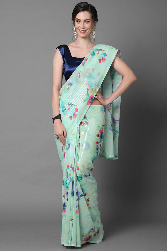 Buy Sea Green Floral Print and Sequins Georgette One Minute Saree