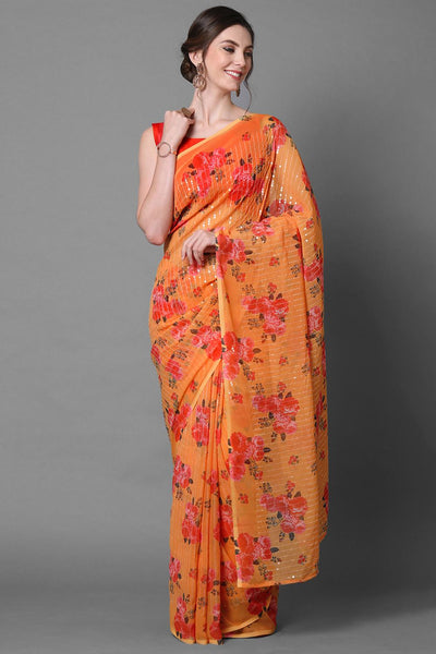 Buy Mustard Floral Print and Sequins Georgette One Minute Saree