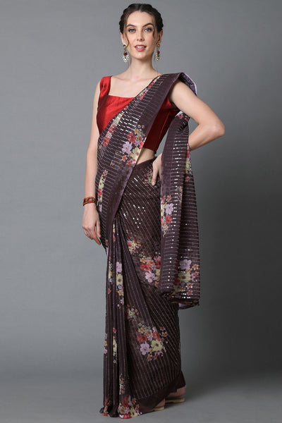 Buy Brown Floral Print and Sequins Georgette One Minute Saree