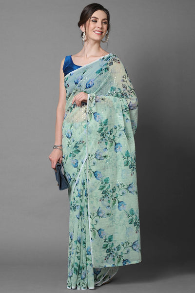 Buy Sea Green Floral Print and Sequins Georgette One Minute Saree