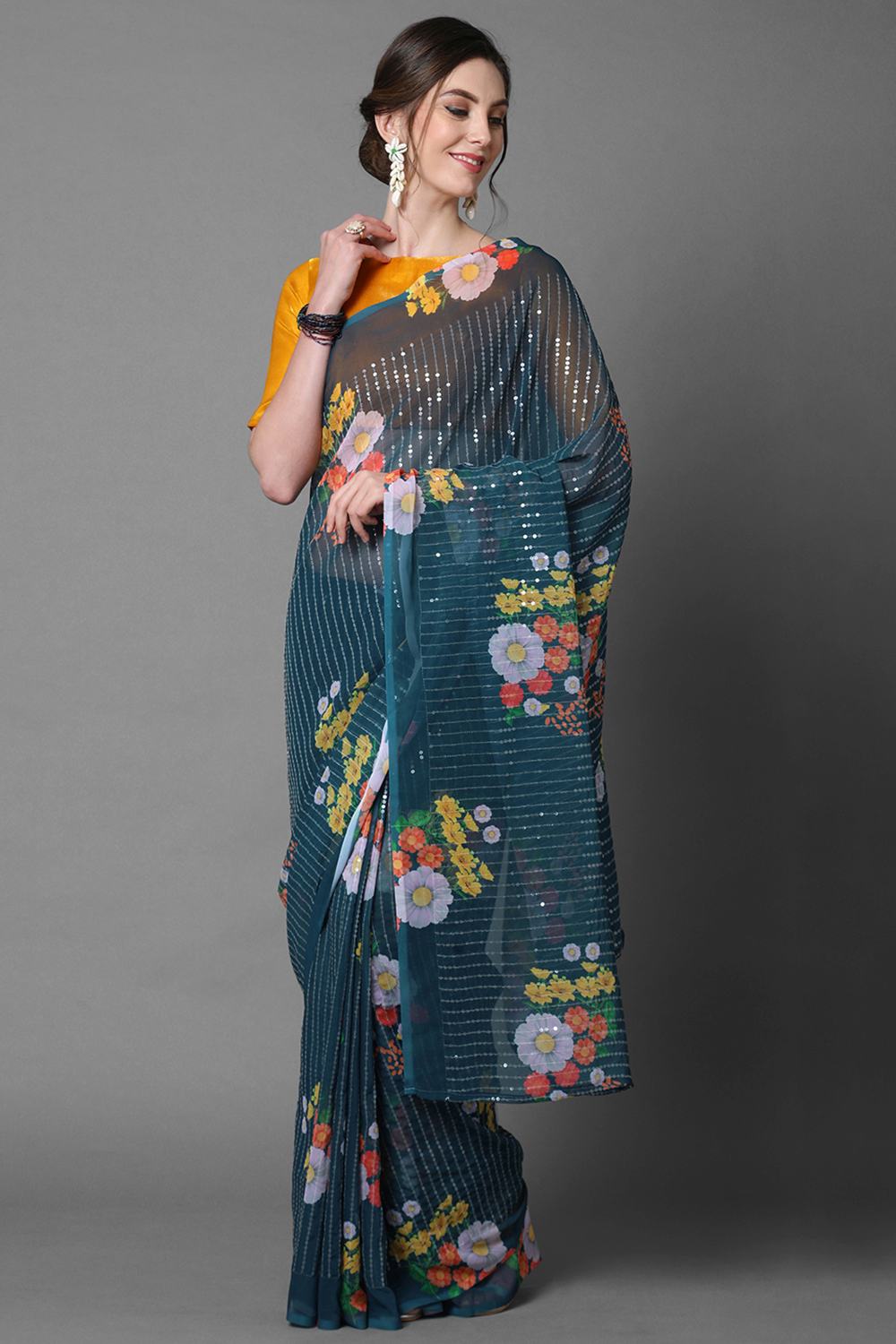 Buy Teal Blue Floral Print and Sequins Georgette One Minute Saree