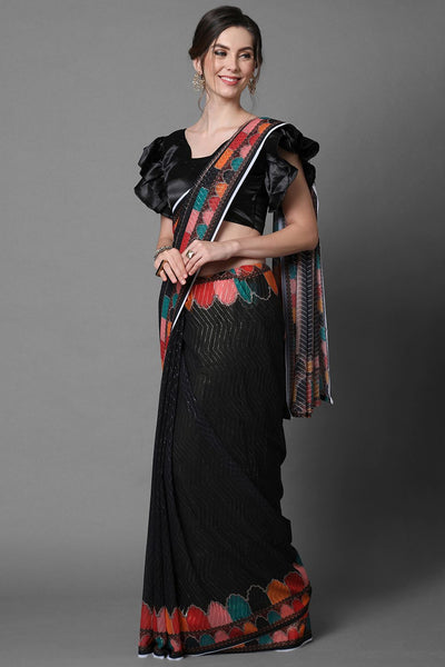 Buy Black Floral Print and Sequins Georgette One Minute Saree