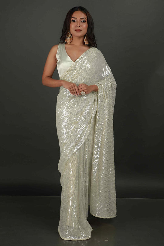 Bella Cream Net Sequins Ready to Wear One Minute Saree
