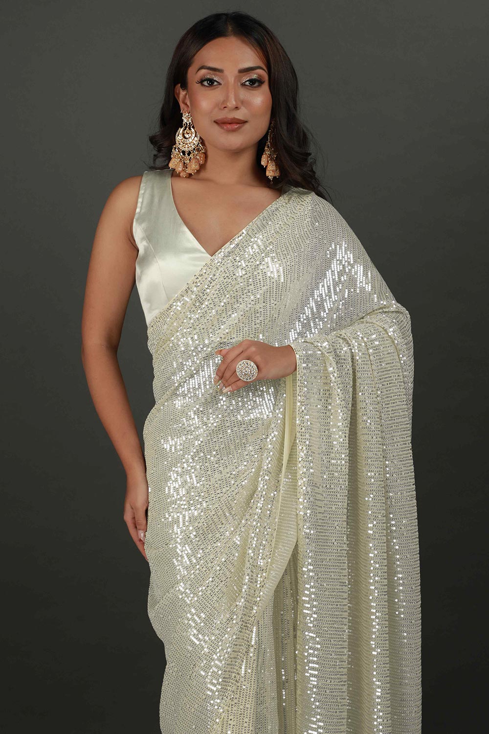 Bella Cream Net Sequins Ready to Wear One Minute Saree