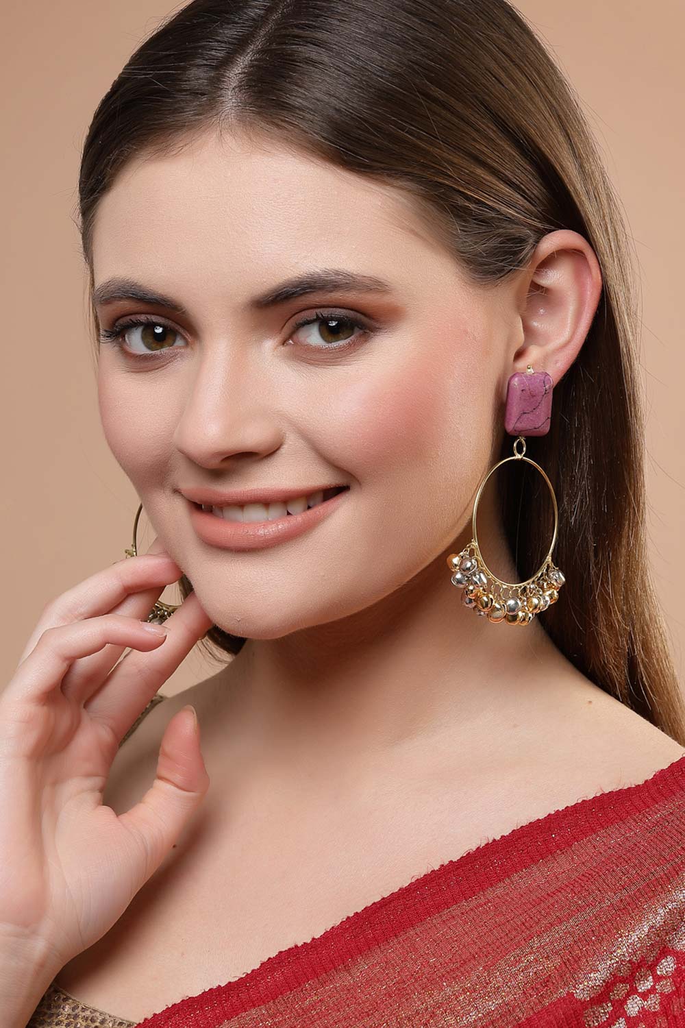 Kashvi Pink Gold-Plated with Natural Stones Chandbali Earrings