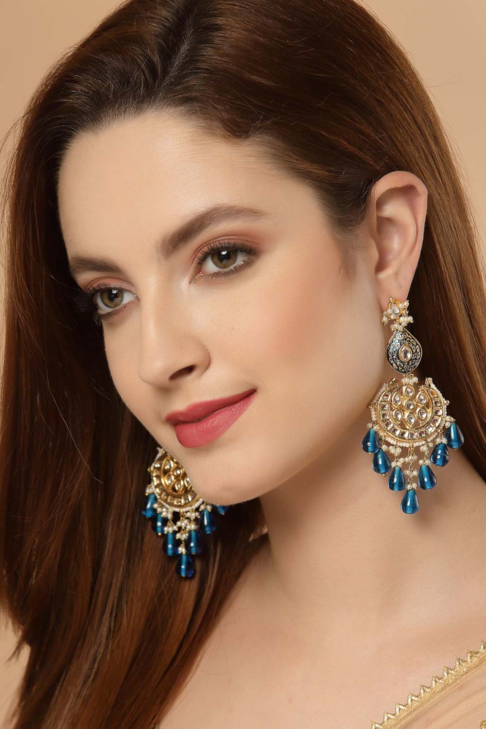 Senaya Blue & White Gold-Plated Kundan and Pearl Chandelier Earrings