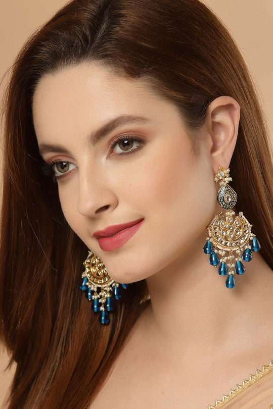 Senaya Blue & White Gold-Plated Kundan and Pearl Chandelier Earrings