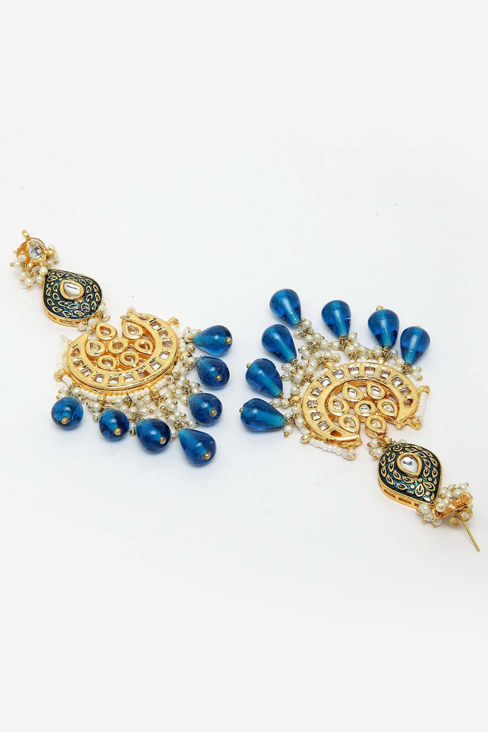 Senaya Blue & White Gold-Plated Kundan and Pearl Chandelier Earrings
