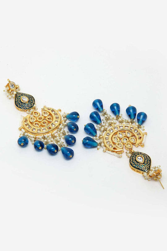 Senaya Blue & White Gold-Plated Kundan and Pearl Chandelier Earrings