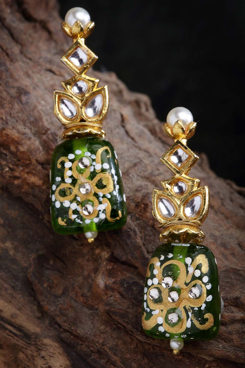 Elea Green & White Gold-Plated Kundan with Pearls Earrings