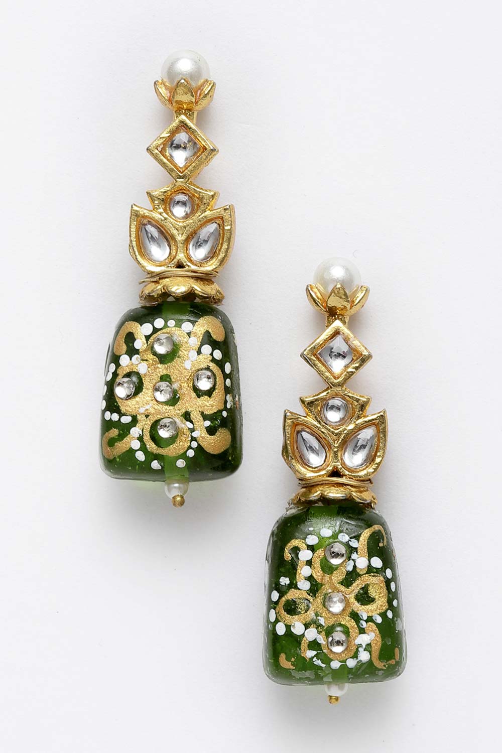 Elea Green & White Gold-Plated Kundan with Pearls Earrings