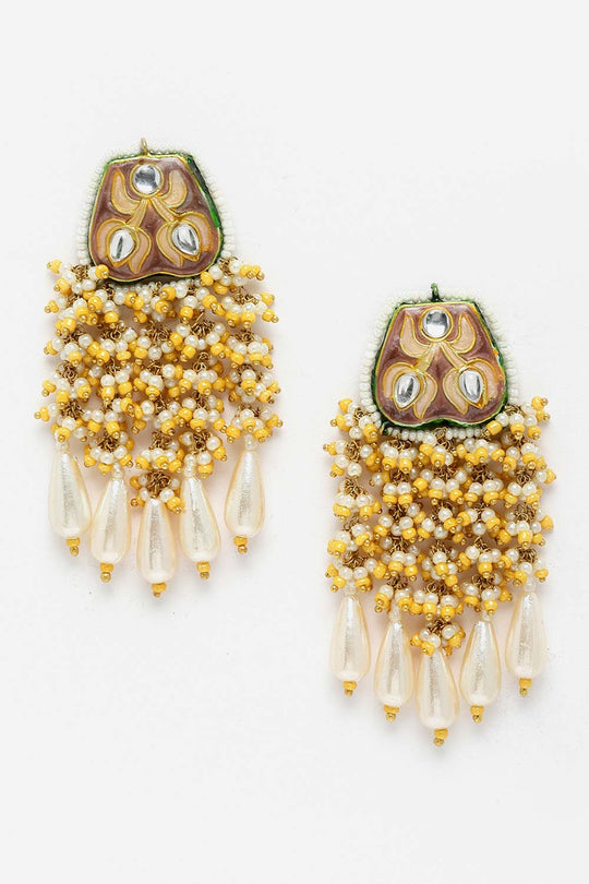 Savara Yellow & White Gold-Plated Kundan with Pearls Earrings