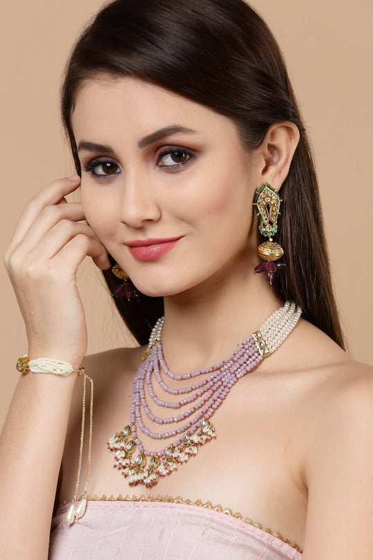 Rukia Purple & Green Gold-Plated Kundan with Pearls Chandbali Earrings