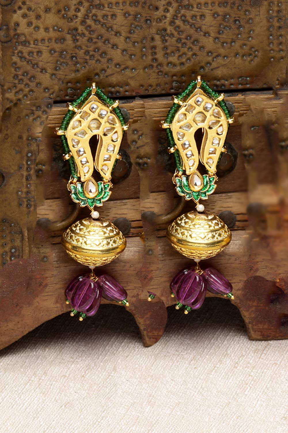 Rukia Purple & Green Gold-Plated Kundan with Pearls Chandbali Earrings