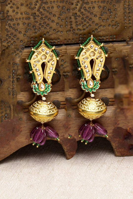 Rukia Purple & Green Gold-Plated Kundan with Pearls Chandbali Earrings