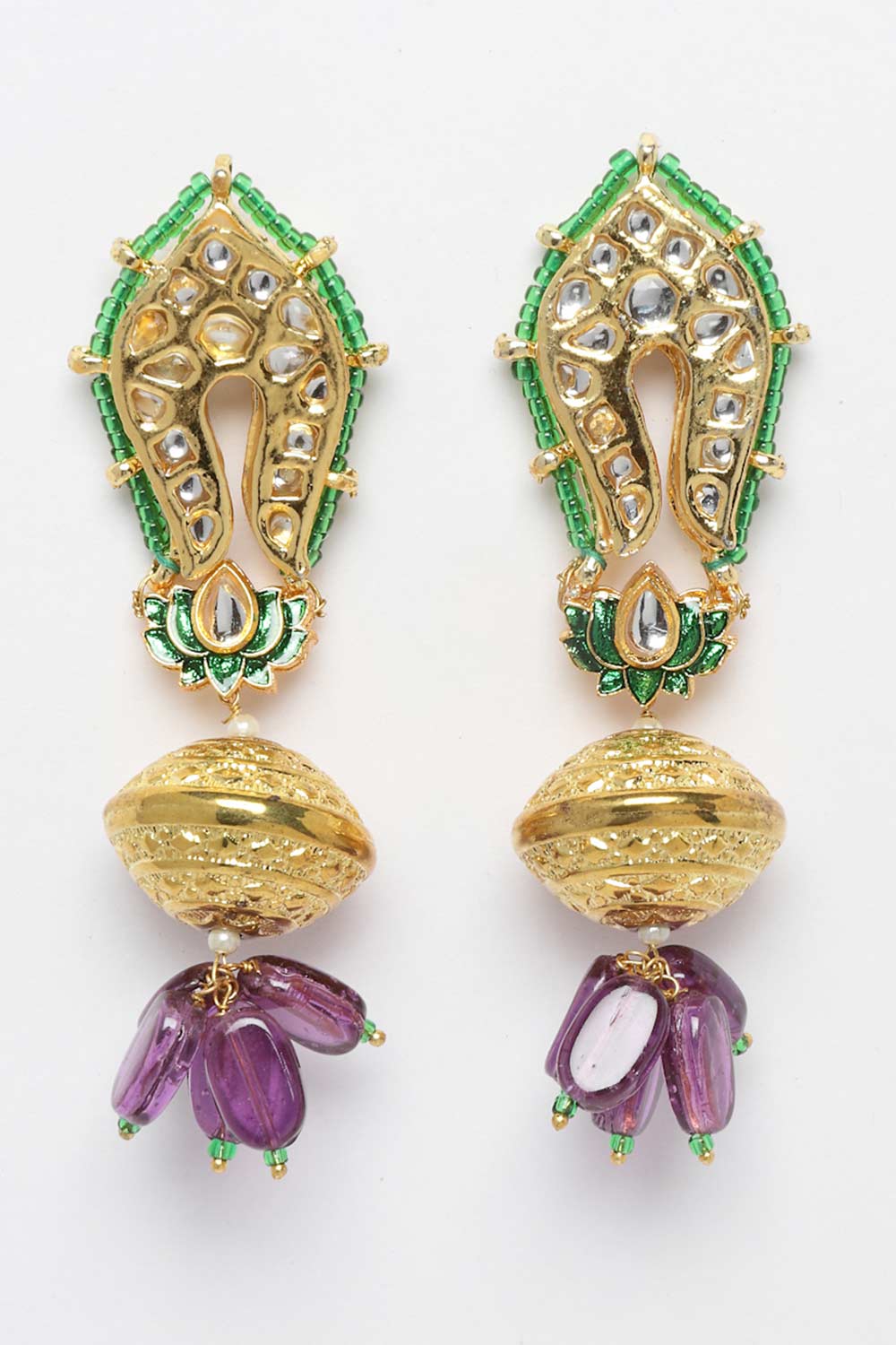 Rukia Purple & Green Gold-Plated Kundan with Pearls Chandbali Earrings