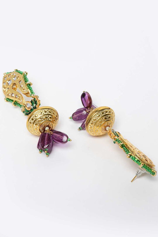 Rukia Purple & Green Gold-Plated Kundan with Pearls Chandbali Earrings
