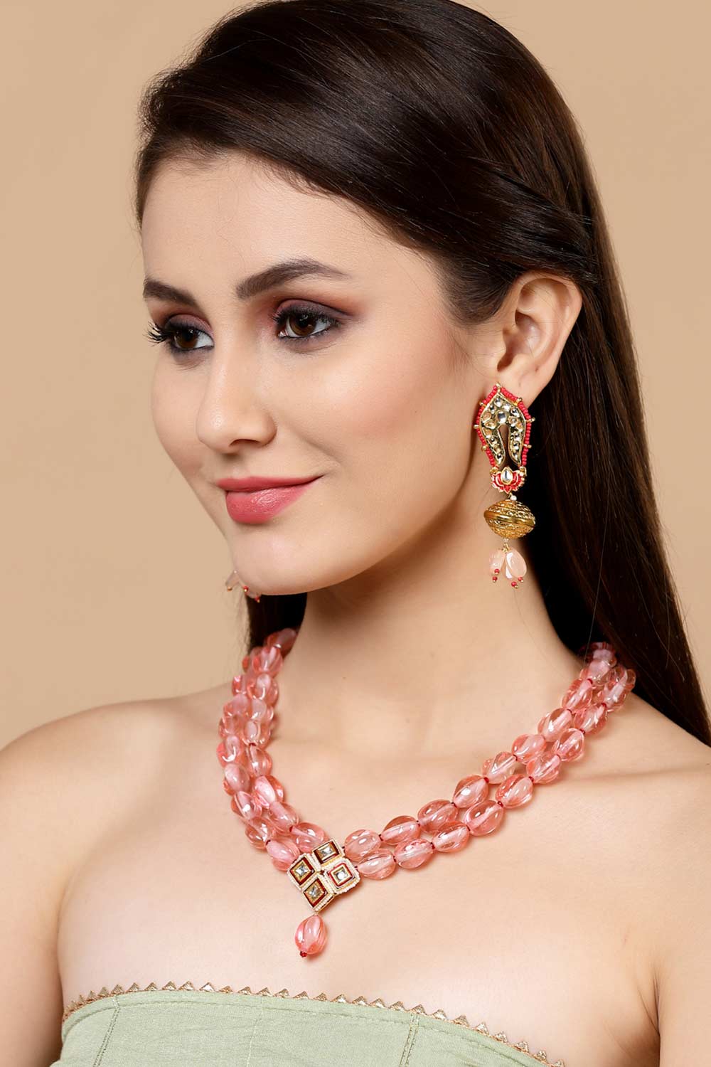 Deepal Pink & Red Gold-Plated Kundan withPearls Chandbali Earrings