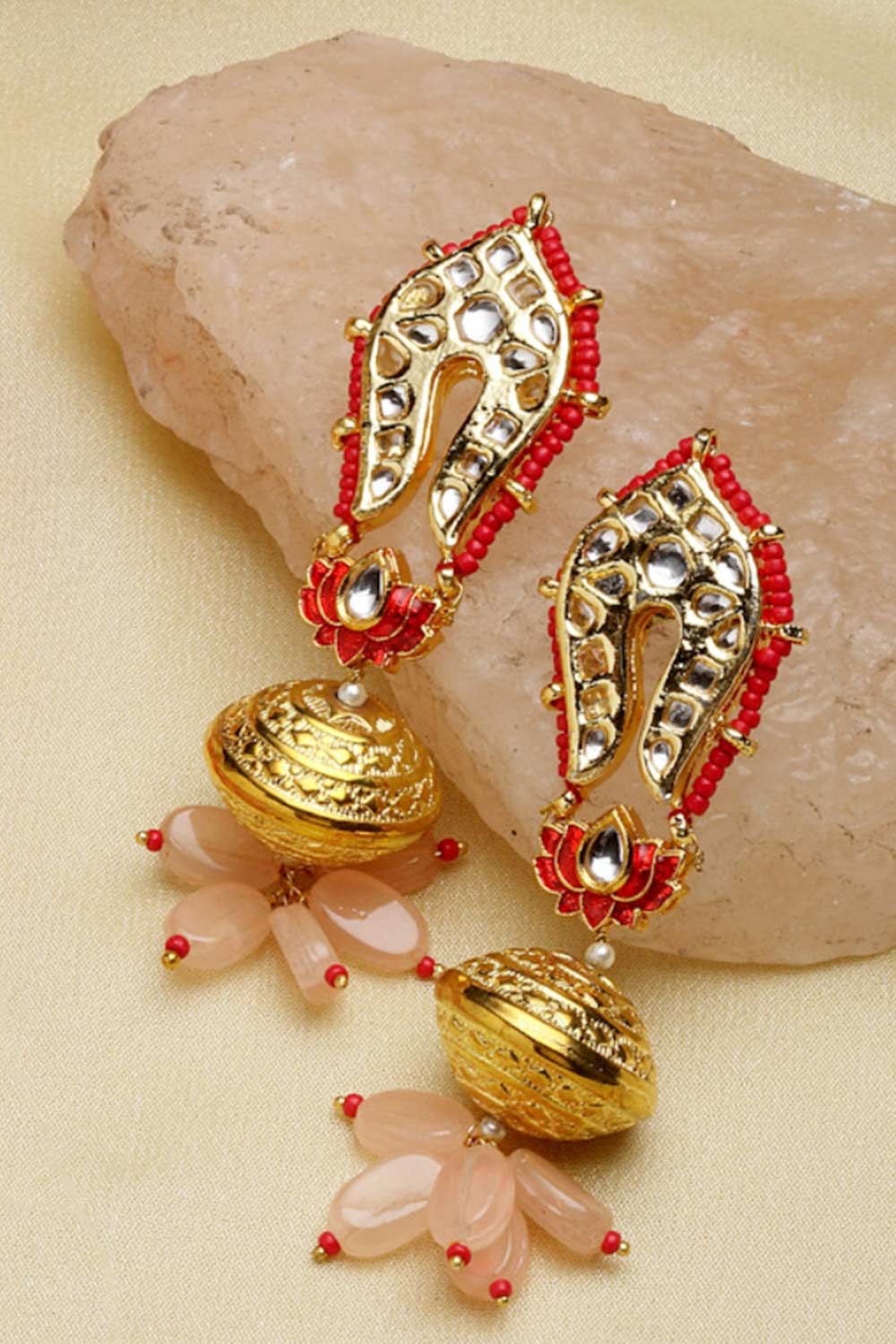 Deepal Pink & Red Gold-Plated Kundan withPearls Chandbali Earrings