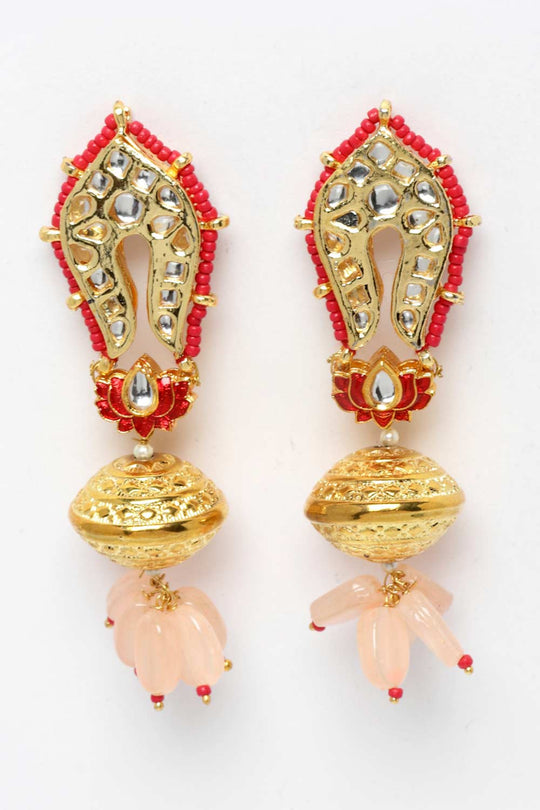 Deepal Pink & Red Gold-Plated Kundan withPearls Chandbali Earrings