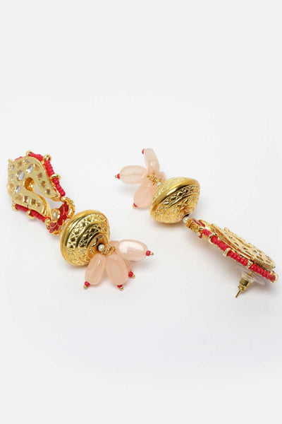 Deepal Pink & Red Gold-Plated Kundan withPearls Chandbali Earrings