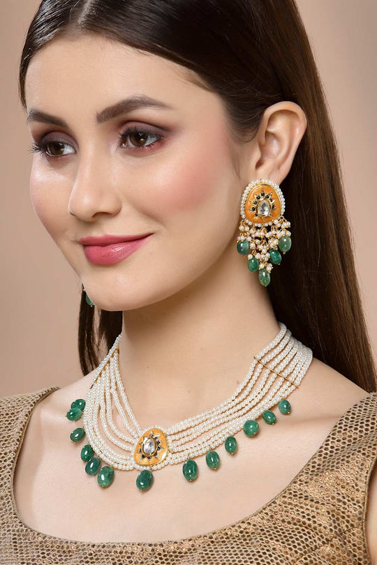 Phebe Orange & Green Gold-Plated Kundan with Pearls Chandbali Earrings