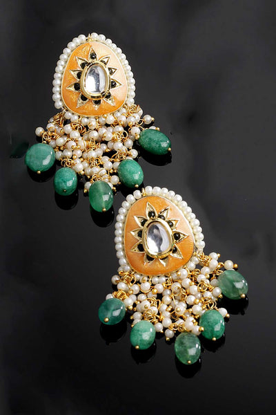 Phebe Orange & Green Gold-Plated Kundan with Pearls Chandbali Earrings