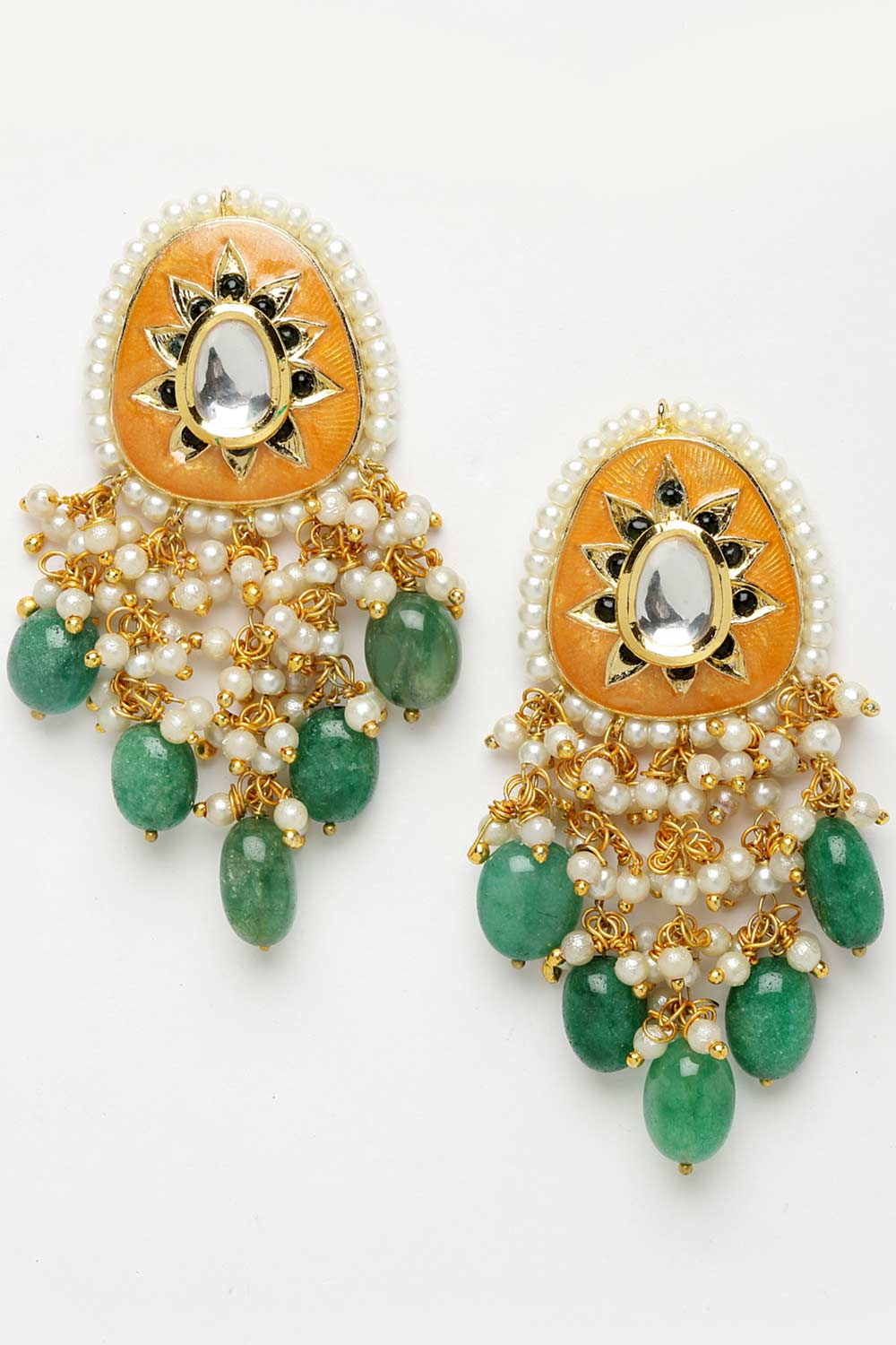 Phebe Orange & Green Gold-Plated Kundan with Pearls Chandbali Earrings