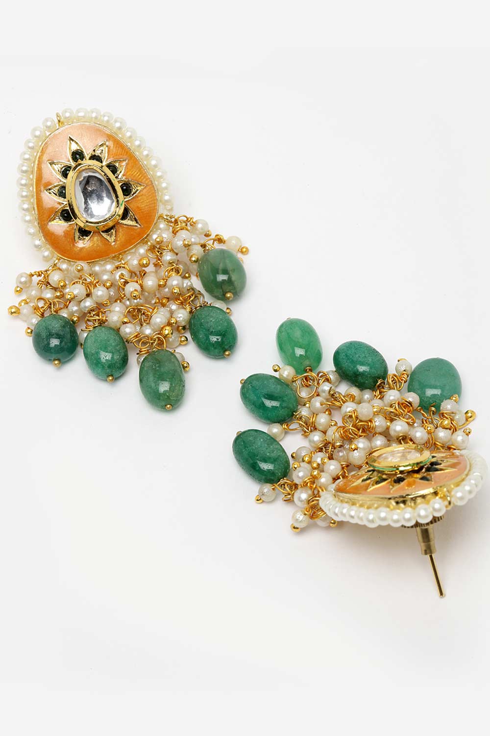 Phebe Orange & Green Gold-Plated Kundan with Pearls Chandbali Earrings