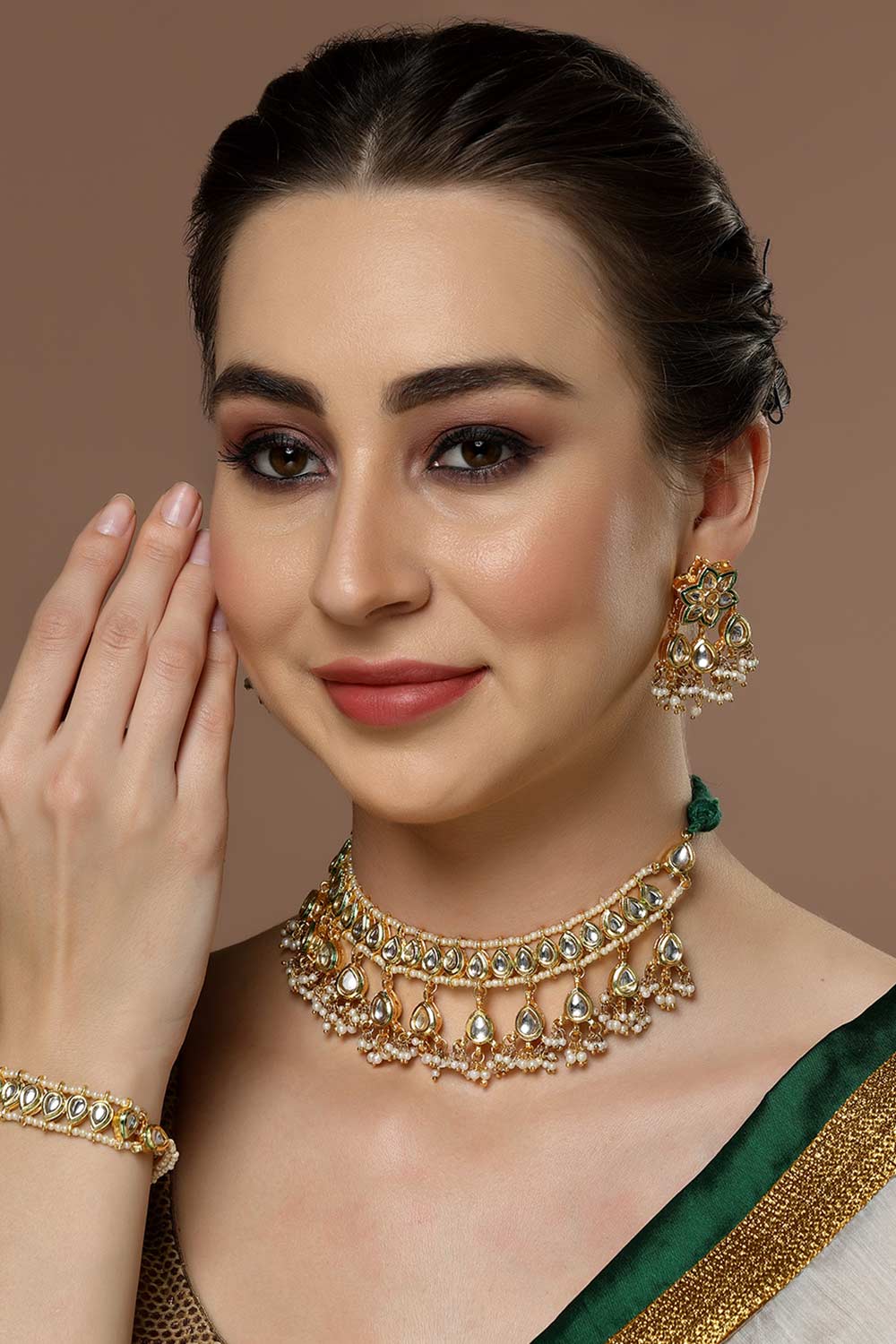 Fathma Green & Gold Flower Kundan with Pearls Drop Earrings