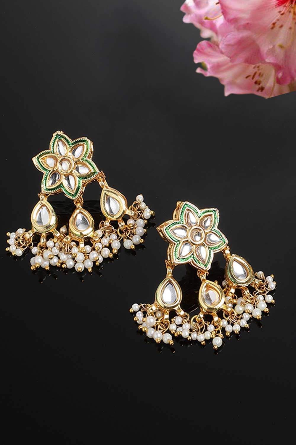 Fathma Green & Gold Flower Kundan with Pearls Drop Earrings