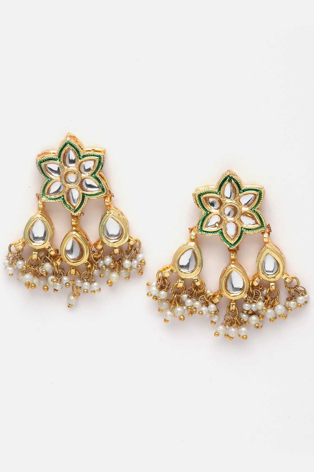 Fathma Green & Gold Flower Kundan with Pearls Drop Earrings