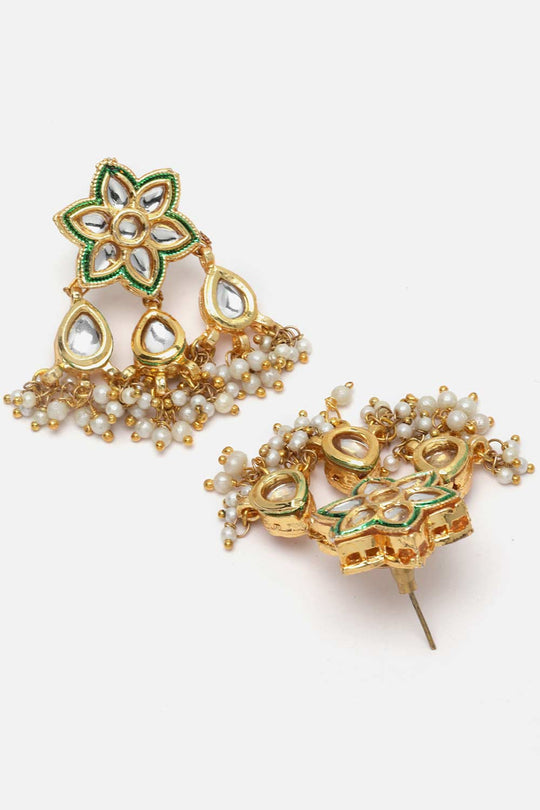 Fathma Green & Gold Flower Kundan with Pearls Drop Earrings