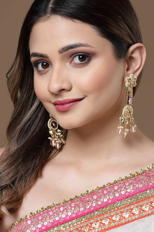 Navya Pink & Blue  Kundan with Pearls Drop Earring